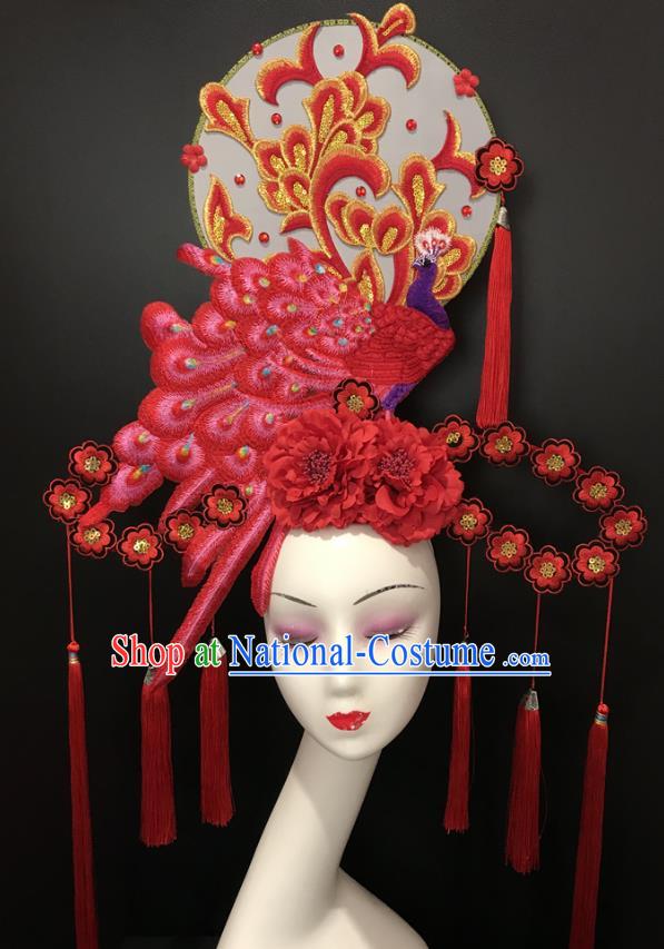 Chinese Cheongsam Catwalks Giant Headdress Handmade Fashion Show Red Peacock Hair Crown Traditional Stage Court Deluxe Top Hat