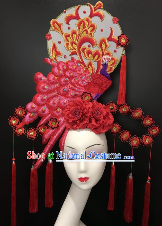 Chinese Cheongsam Catwalks Giant Headdress Handmade Fashion Show Red Peacock Hair Crown Traditional Stage Court Deluxe Top Hat