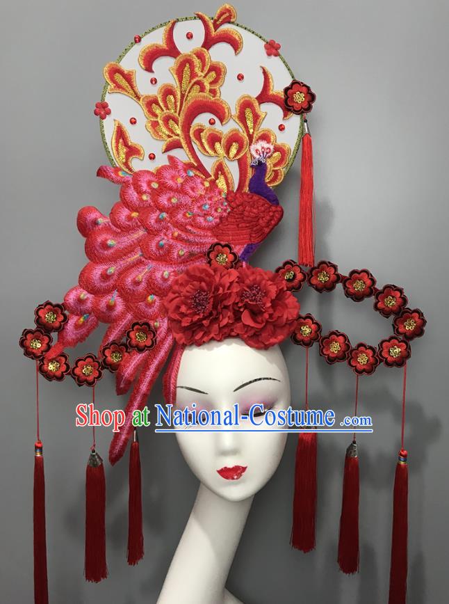 Chinese Cheongsam Catwalks Giant Headdress Handmade Fashion Show Red Peacock Hair Crown Traditional Stage Court Deluxe Top Hat