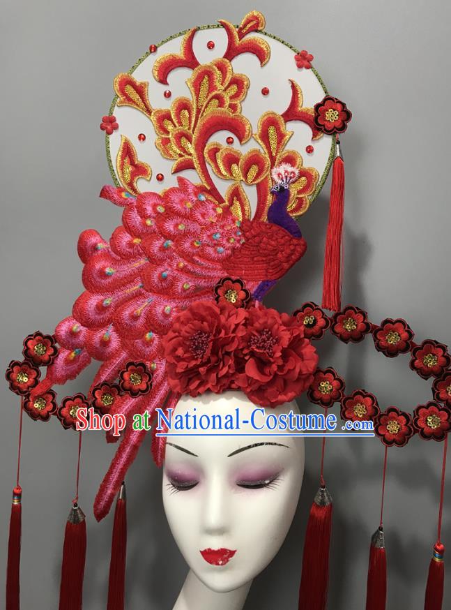 Chinese Cheongsam Catwalks Giant Headdress Handmade Fashion Show Red Peacock Hair Crown Traditional Stage Court Deluxe Top Hat