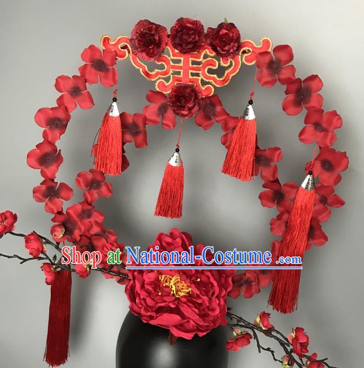 Chinese Traditional Stage Court Deluxe Top Hat Cheongsam Catwalks Giant Headdress Handmade Fashion Show Red Peony Hair Crown