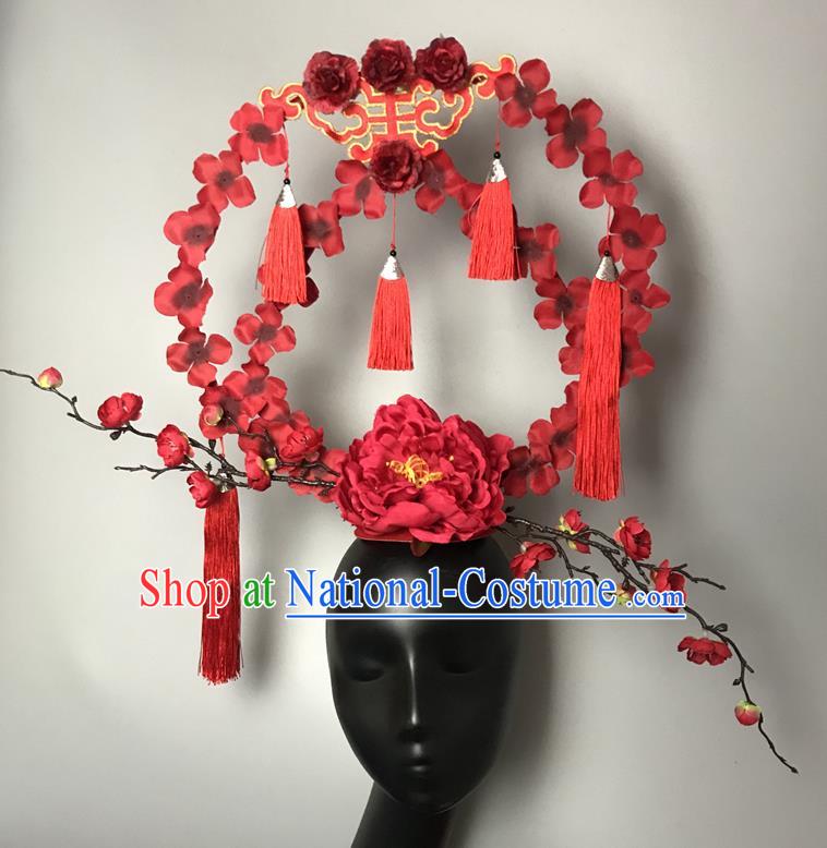 Chinese Traditional Stage Court Deluxe Top Hat Cheongsam Catwalks Giant Headdress Handmade Fashion Show Red Peony Hair Crown