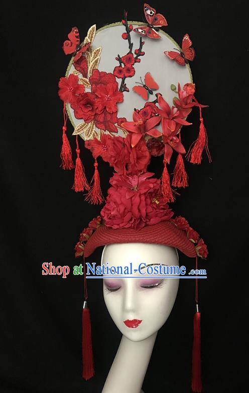 Chinese Cheongsam Catwalks Fashion Giant Headdress Handmade Stage Show Tassel Hair Crown Traditional Court Embroidered Top Hat