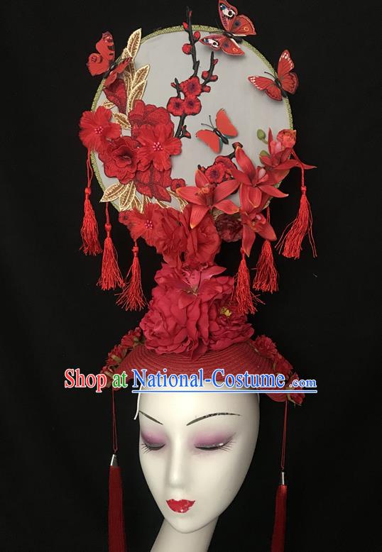 Chinese Cheongsam Catwalks Fashion Giant Headdress Handmade Stage Show Tassel Hair Crown Traditional Court Embroidered Top Hat