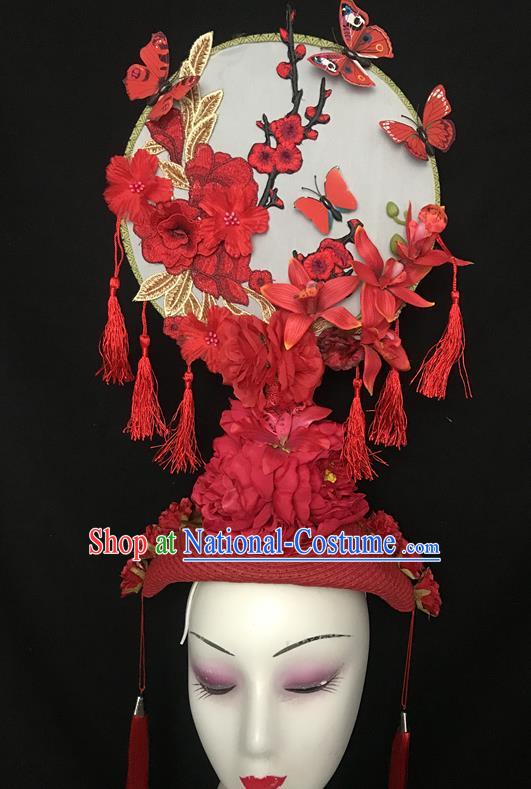 Chinese Cheongsam Catwalks Fashion Giant Headdress Handmade Stage Show Tassel Hair Crown Traditional Court Embroidered Top Hat