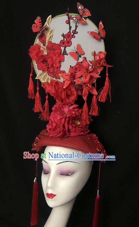 Chinese Cheongsam Catwalks Fashion Giant Headdress Handmade Stage Show Tassel Hair Crown Traditional Court Embroidered Top Hat