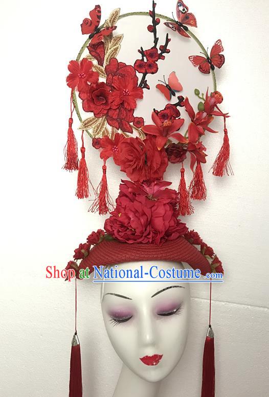 Chinese Cheongsam Catwalks Fashion Giant Headdress Handmade Stage Show Tassel Hair Crown Traditional Court Embroidered Top Hat