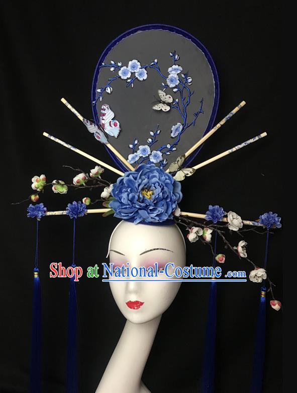 Chinese Traditional Court Embroidered Fan Top Hat Cheongsam Catwalks Fashion Giant Headdress Handmade Stage Show Blue Peony Hair Crown