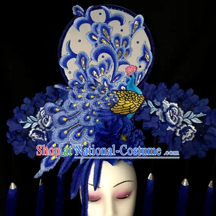 Chinese Handmade Stage Show Blue Peacock Hair Crown Traditional Court Embroidered Tassel Hair Clasp Cheongsam Catwalks Giant Fashion Headdress