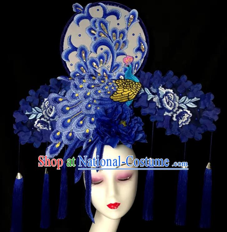 Chinese Handmade Stage Show Blue Peacock Hair Crown Traditional Court Embroidered Tassel Hair Clasp Cheongsam Catwalks Giant Fashion Headdress