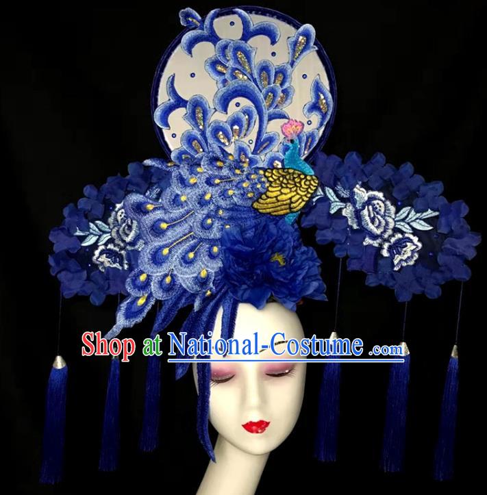 Chinese Handmade Stage Show Blue Peacock Hair Crown Traditional Court Embroidered Tassel Hair Clasp Cheongsam Catwalks Giant Fashion Headdress