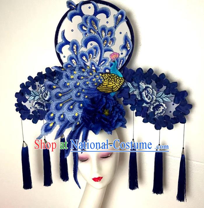 Chinese Handmade Stage Show Blue Peacock Hair Crown Traditional Court Embroidered Tassel Hair Clasp Cheongsam Catwalks Giant Fashion Headdress