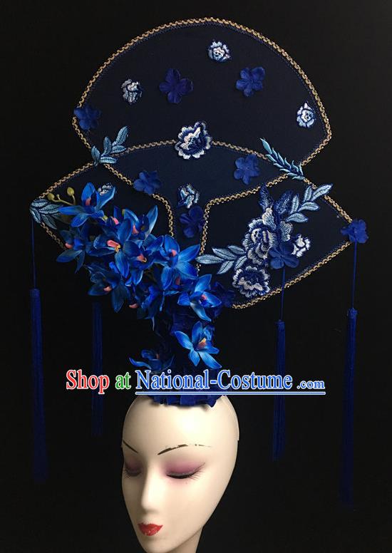 China Handmade Bride Fashion Tassel Headwear Qipao Show Blue Flowers Hair Crown Court Fan Hair Clasp Catwalks Deluxe Headdress