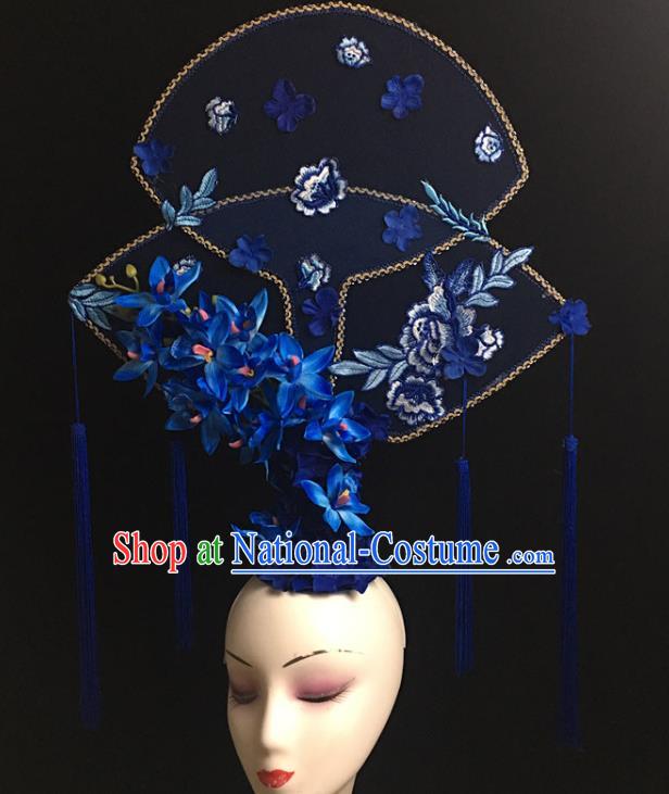 China Handmade Bride Fashion Tassel Headwear Qipao Show Blue Flowers Hair Crown Court Fan Hair Clasp Catwalks Deluxe Headdress