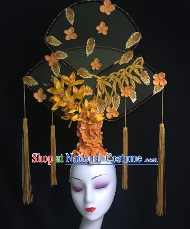 China Catwalks Deluxe Headdress Handmade Bride Fashion Tassel Headwear Qipao Show Yellow Flowers Hair Crown Court Fan Hair Clasp