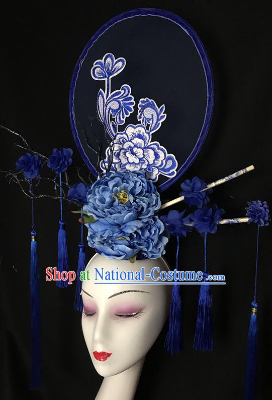 China Qipao Catwalks Bride Headdress Handmade Wedding Fashion Headwear Stage Show Tassel Hair Crown Court Blue Peony Hair Clasp