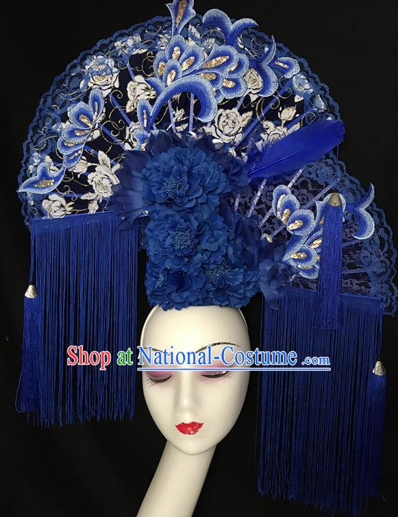 China Stage Show Tassel Hair Crown Court Lace Fan Hair Clasp Qipao Catwalks Bride Headdress Handmade Wedding Fashion Headwear