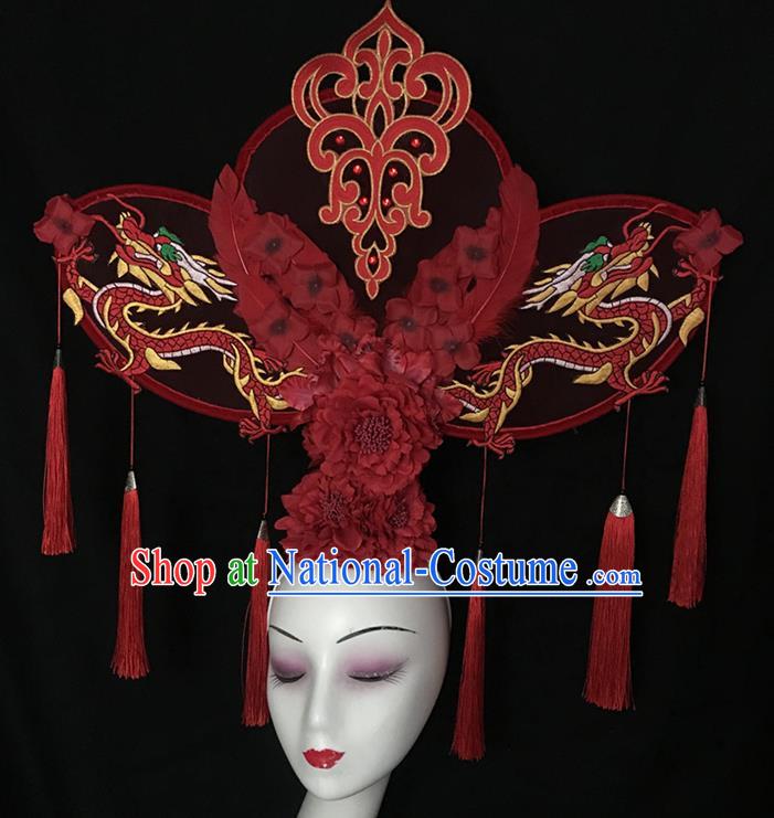 China Qipao Catwalks Bride Headdress Handmade Wedding Fashion Headwear Stage Show Red Peony Hair Crown Court Dragon Hair Clasp