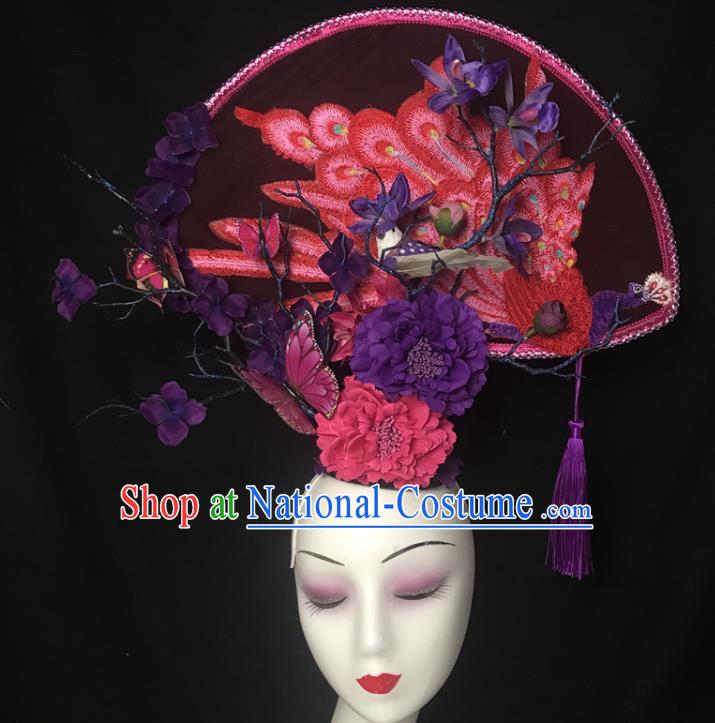 China Handmade Wedding Headwear Stage Show Embroidered Peacock Hair Crown Court Fan Tassel Hair Clasp Qipao Catwalks Fashion Headdress