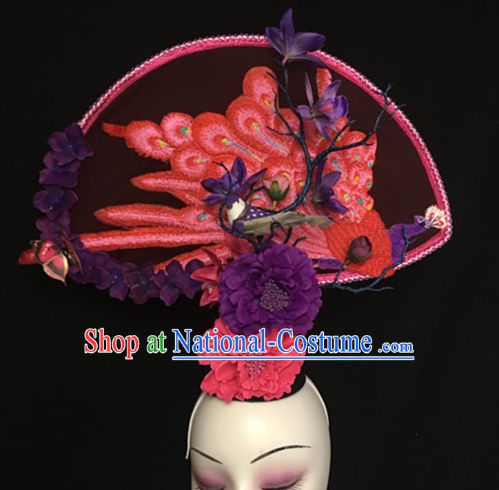 China Handmade Wedding Headwear Stage Show Embroidered Peacock Hair Crown Court Fan Tassel Hair Clasp Qipao Catwalks Fashion Headdress