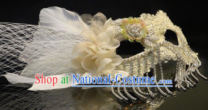 Handmade Baroque Princess Headpiece Brazil Carnival Beige Lace Mask Halloween Cosplay Tassel Face Mask Costume Party Feather Blinder