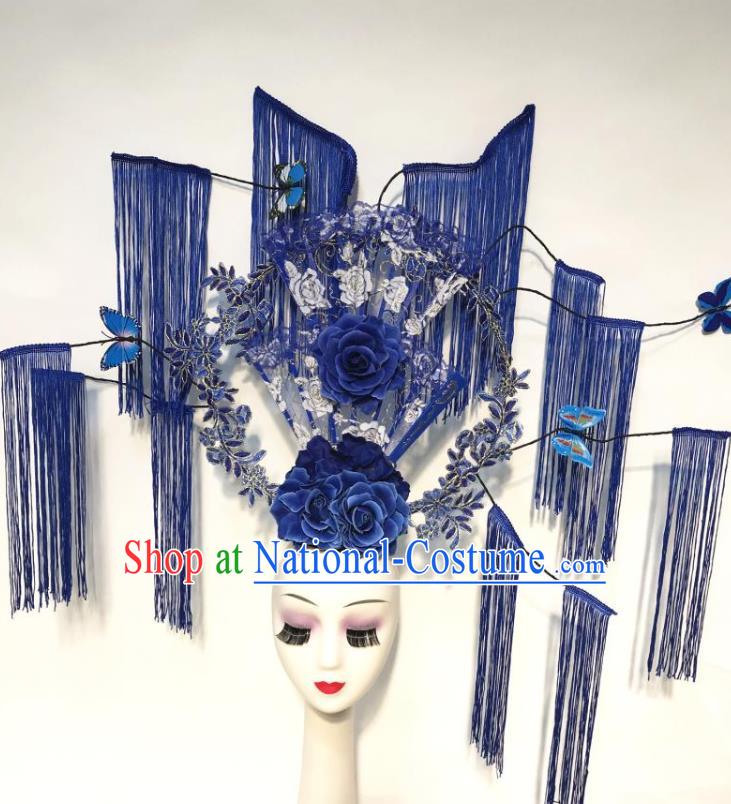 China Qipao Show Blue Flowers Hair Crown Court Lace Fan Hair Clasp Catwalks Deluxe Tassel Headdress Handmade Bride Fashion Headwear