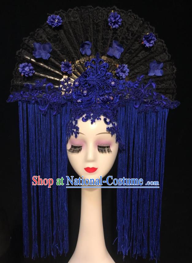 China Court Blue Tassel Hair Clasp Qipao Catwalks Deluxe Headdress Handmade Bride Fashion Headwear Stage Show Black Lace Fan Hair Crown