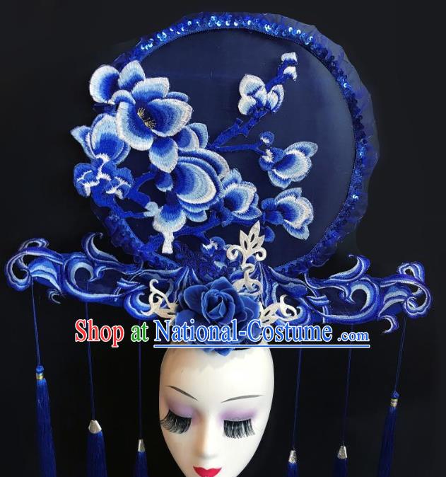 China Stage Show Embroidered Mangnolia Hair Crown Court Blue Tassel Hair Clasp Qipao Catwalks Deluxe Headdress Handmade Bride Fashion Headwear