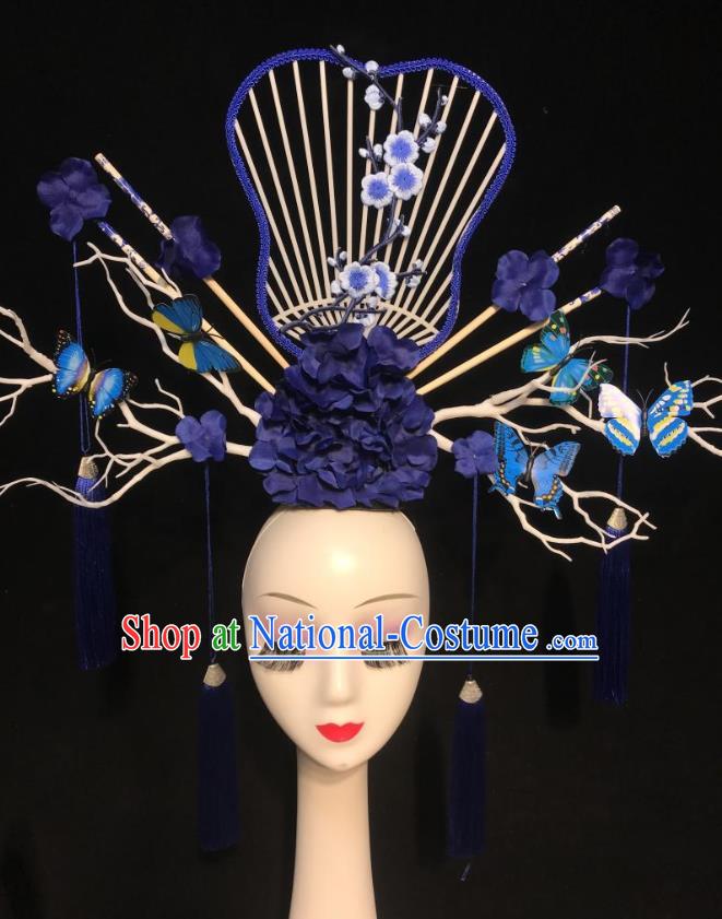 China Handmade Bride Headwear Stage Show Hair Crown Court Fan Tassel Hair Clasp Qipao Catwalks Fashion Deluxe Headdress