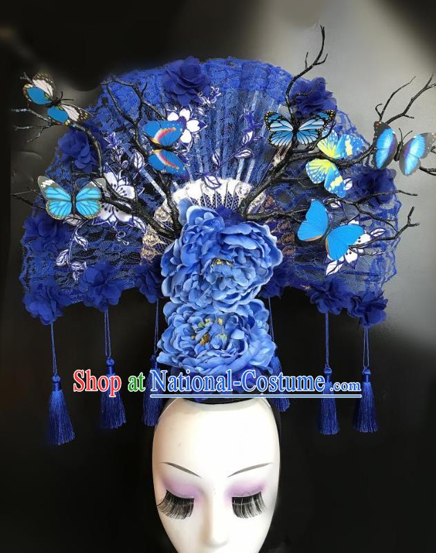 China Qipao Catwalks Fashion Headdress Handmade Bride Deluxe Headwear Stage Show Blue Peony Hair Crown Court Lace Fan Hair Clasp