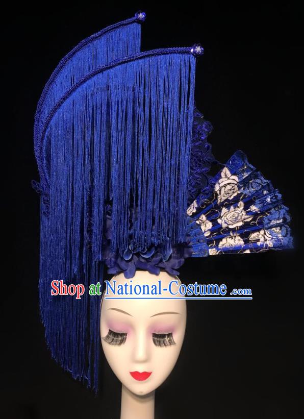 China Court Fan Hair Clasp Qipao Catwalks Fashion Headdress Handmade Bride Deluxe Tassel Headwear Stage Show Blue Hair Crown