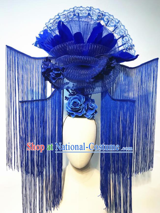 China Qipao Catwalks Fashion Headdress Handmade Bride Deluxe Tassel Headwear Stage Show Hair Crown Court Blue Feather Fan Hair Clasp