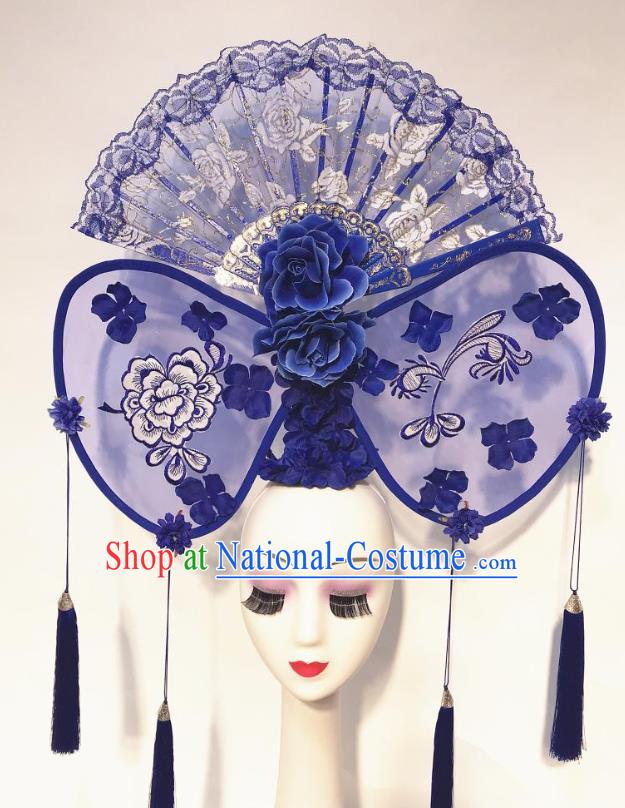 China Court Blue Lace Fan Hair Clasp Qipao Catwalks Headdress Handmade Bride Fashion Headwear Stage Show Tassel Hair Crown