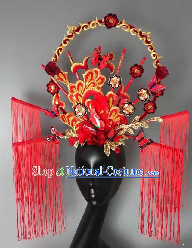 China Qipao Catwalks Tassel Headdress Handmade Bride Fashion Headwear Stage Show Embroidered Red Hair Crown Court Tassel Hair Clasp