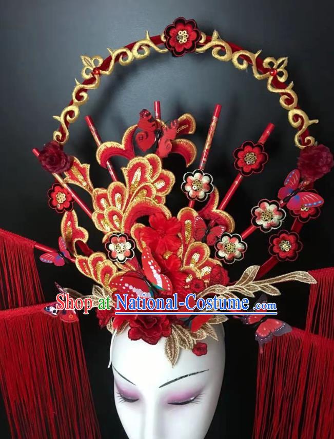 China Qipao Catwalks Tassel Headdress Handmade Bride Fashion Headwear Stage Show Embroidered Red Hair Crown Court Tassel Hair Clasp