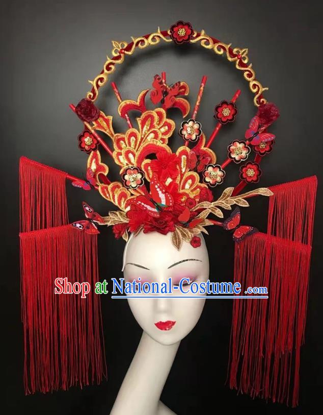 China Qipao Catwalks Tassel Headdress Handmade Bride Fashion Headwear Stage Show Embroidered Red Hair Crown Court Tassel Hair Clasp