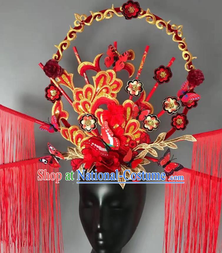 China Qipao Catwalks Tassel Headdress Handmade Bride Fashion Headwear Stage Show Embroidered Red Hair Crown Court Tassel Hair Clasp