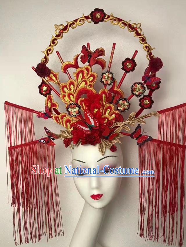 China Qipao Catwalks Tassel Headdress Handmade Bride Fashion Headwear Stage Show Embroidered Red Hair Crown Court Tassel Hair Clasp