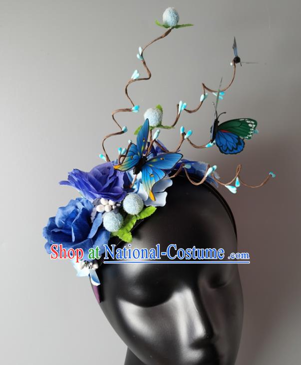 Top Baroque Blue Butterfly Flowers Hair Clasp Cosplay Fairy Hair Accessories Halloween Catwalks Royal Crown Princess Headdress