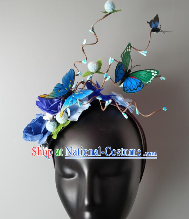 Top Baroque Blue Butterfly Flowers Hair Clasp Cosplay Fairy Hair Accessories Halloween Catwalks Royal Crown Princess Headdress