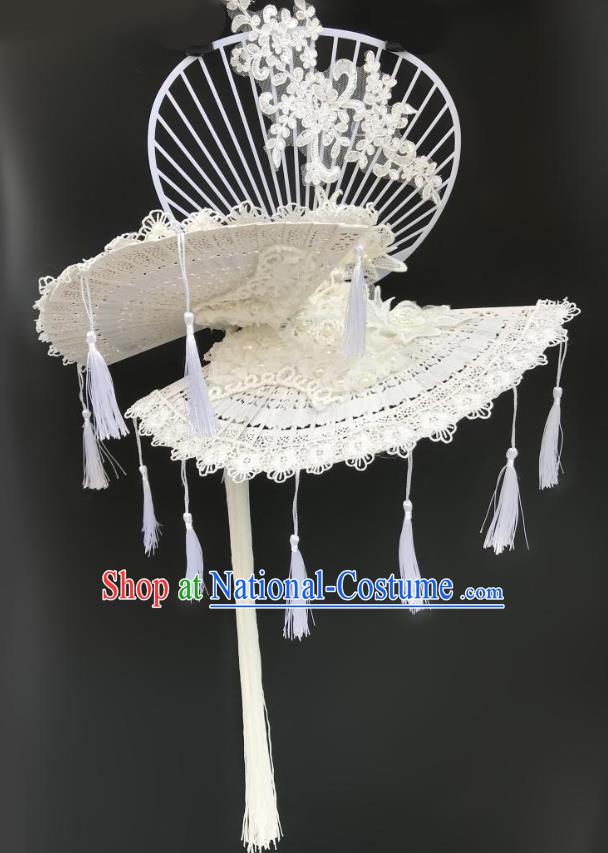 China Catwalks Deluxe Tassel Headdress Handmade Bride Fashion Headwear Qipao Show Hair Crown Court White Fan Top Hat