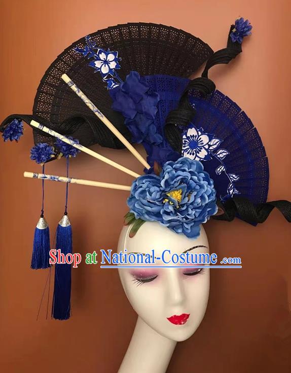 China Stage Show Folding Fan Hair Crown Court Black Peony Hair Clasp Qipao Catwalks Tassel Headdress Handmade Bride Fashion Headwear