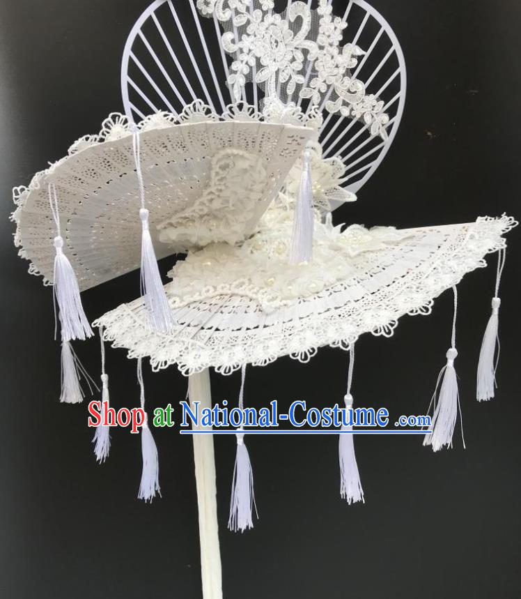 China Catwalks Deluxe Tassel Headdress Handmade Bride Fashion Headwear Qipao Show Hair Crown Court White Fan Top Hat