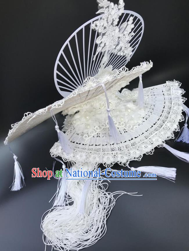 China Catwalks Deluxe Tassel Headdress Handmade Bride Fashion Headwear Qipao Show Hair Crown Court White Fan Top Hat