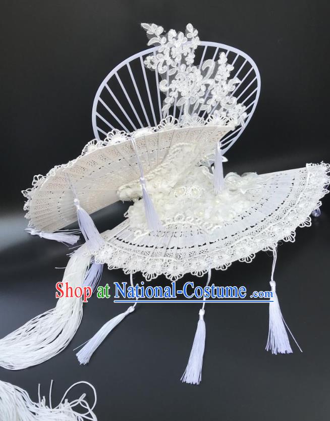 China Catwalks Deluxe Tassel Headdress Handmade Bride Fashion Headwear Qipao Show Hair Crown Court White Fan Top Hat