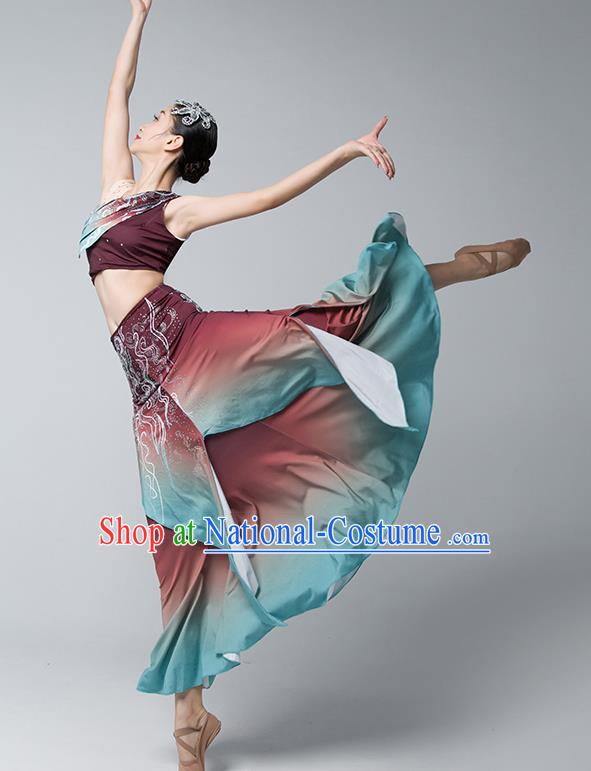 China Peacock Dance Maroon Dress Dai Nationality Folk Dance Clothing Yunnan Ethnic Stage Performance Garments