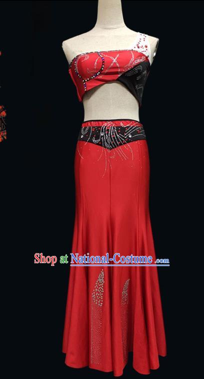 China Dai Nationality Folk Dance Clothing Yunnan Ethnic Stage Performance Garments Peacock Dance Red Dress