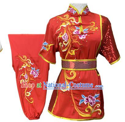 Chinese Kung Fu Garment Costumes Martial Arts Embroidered Peony Red Outfits Wushu Competition Clothing