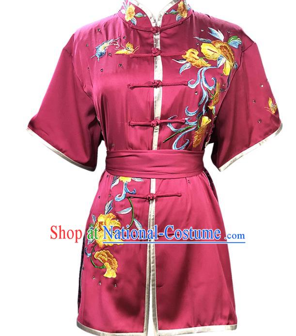 Chinese Wushu Competition Clothing Kung Fu Garment Costumes Martial Arts Embroidered Peony Magenta Outfits