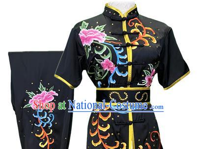 Chinese Wushu Kungfu Competition Clothing Kung Fu Garment Costumes Martial Arts Embroidered Peony Black Outfits